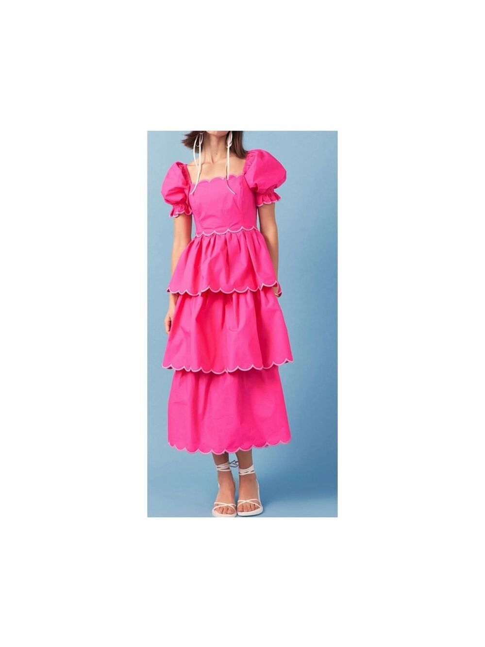 NWT English Factory Viral Sold Out Scallop Tiered Midi Dress Pink L - Picture 2 of 5